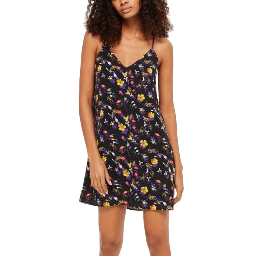 Topshop Midnight Floral Black Multicolor Boho Style Shift Slip Mini Dress US 4